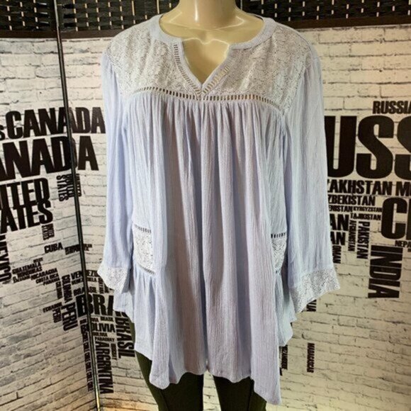 Ellos 10/12 Blue Lace Trim Split Neck Step- Hem 3/4 Sleeve Bohemian Top - Picture 1 of 6